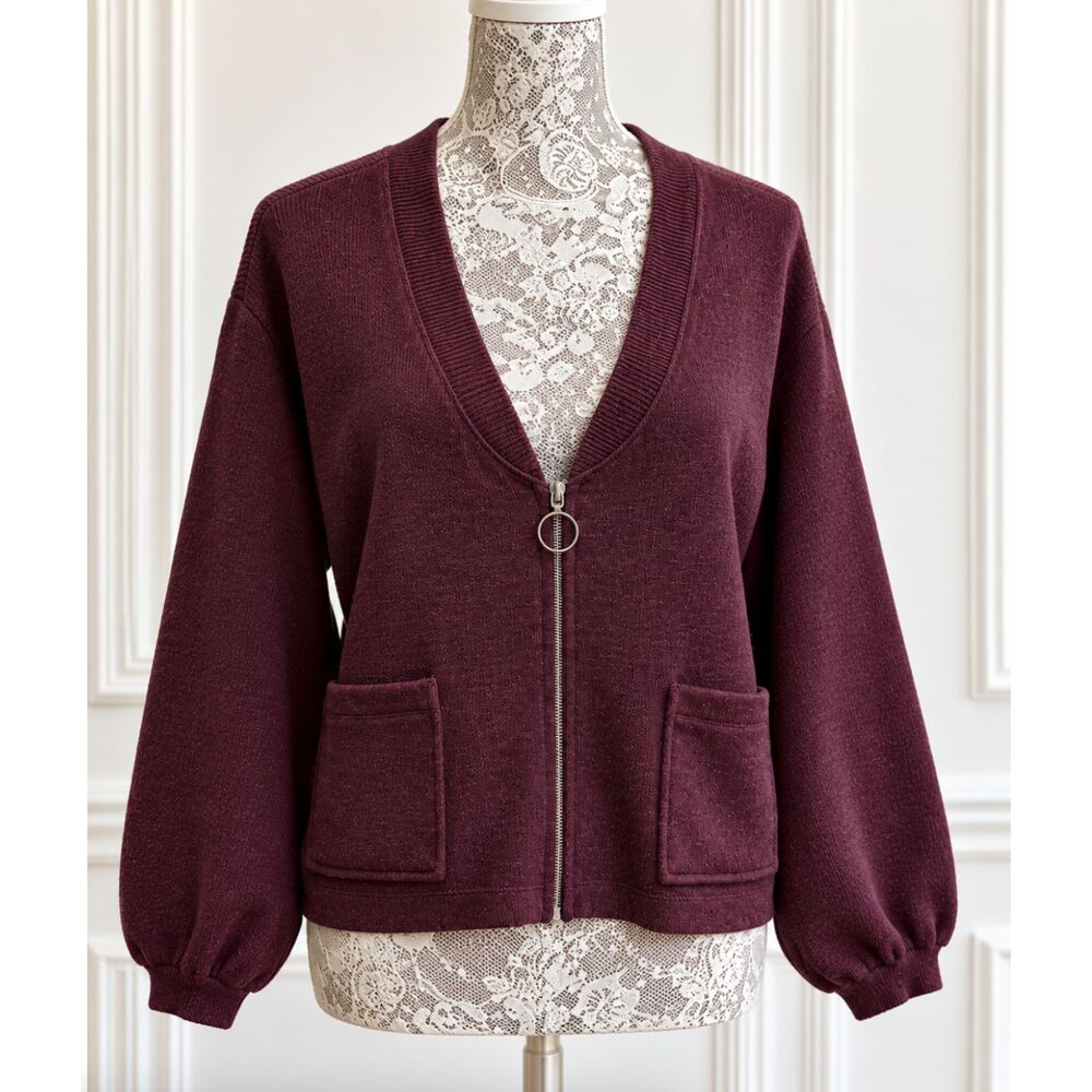 Urban Outfitters Womens XS Zip Front Cardigan Balloon Sleeve Rib Knit Sweater